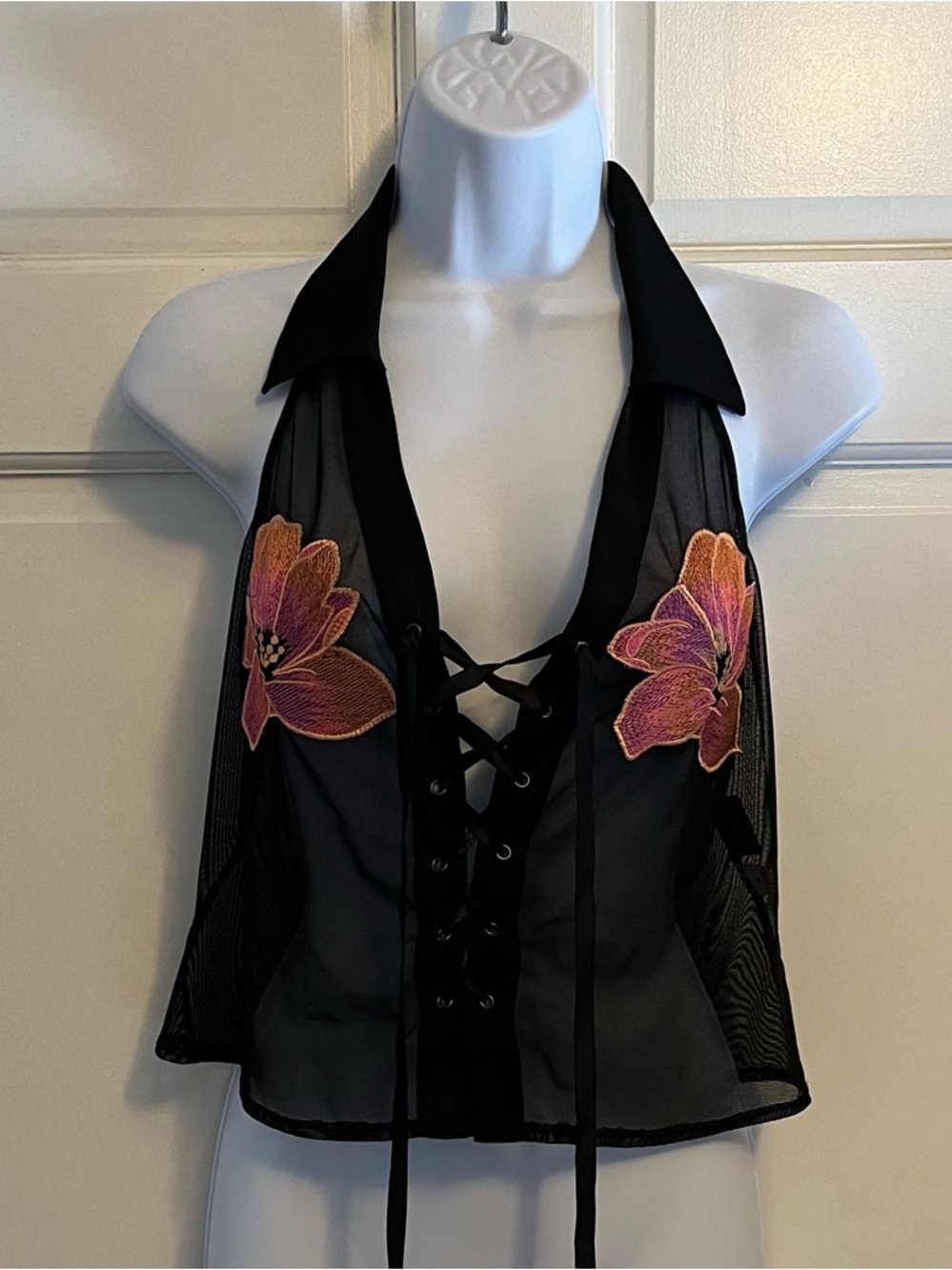 Sheer Black Lace-Up Halter Top with Pink Floral Appliqué